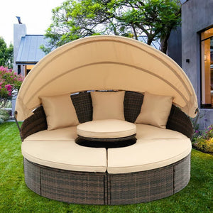 Outdoor Conversation Sets, Round Patio Daybed Sunbed with Retractable Canopy and Beige Cushion, Rattan Wicker Patio Furniture Daybed Sets, Outdoor Sectional Sofa Set for Garden backyard Pool, W15939