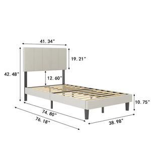 uhomepro Beige Twin Bed Frame for Adults Kids, Modern Upholstered Platform Bed Frame with Headboard, Heavy Duty Twin Size Bed Frame Bedroom Furniture with Wood Slats Support, No Box Spring Needed
