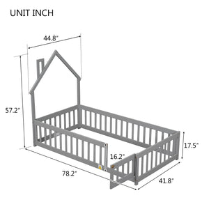 uhomepro Twin Floor Bed Frame for Toddlers, Floor Kids Bed with Fence and Door, Low Wood Beds for Girls Boys