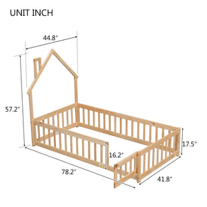 uhomepro Twin Floor Bed Frame for Toddlers, Floor Kids Bed with Fence and Door, Low Wood Beds for Girls Boys