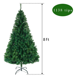 8FT 1138 Tips Hinged Artificial Christmas Tree Holiday Decoration, Unlit Artificial Trees for Indoors with Sturdy Metal legs, PVC Leaves Christmas Trees, Easy Assembly, Green, Q5925