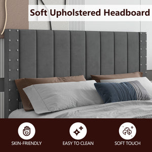 uhomepro Upholstered Platform Bed Frame, Queen Bed Frame for Bedroom with Nailhead Trim Headboard, Wood Slats Support, No Box Spring Needed