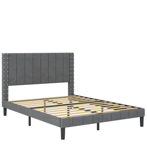 uhomepro Upholstered Platform Bed Frame, Queen Bed Frame for Bedroom with Nailhead Trim Headboard, Wood Slats Support, No Box Spring Needed