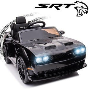 12 V Licensed Dodge Challenger SRT Hellcat Ride on Car for Kids, Battery Powered Electric Vehicle Toys with Remote Control, LED Light, MP3 Player