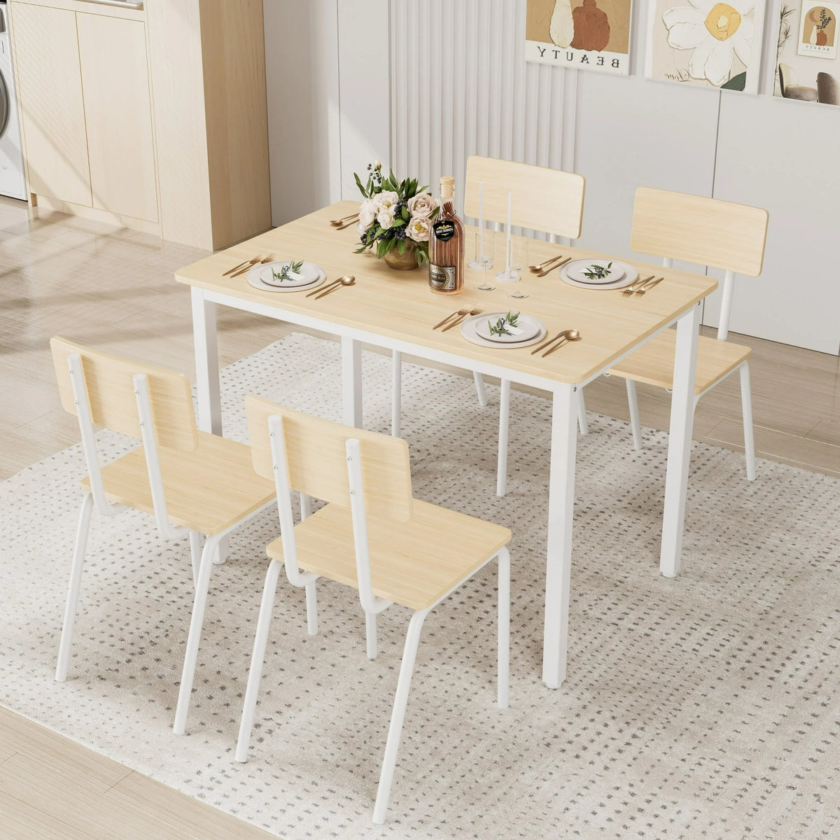 UHOMEPRO Dining Table Set for 4, Modern 5 Piece Dining Room Set with 4 ...