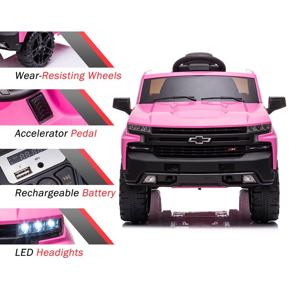 12V Ride on Toys, Chevrolet Silverado Kids Ride on Cars with Remote Control, Powered Ride on Pick up Truck for Boys Girls, Pink Electric Cars for Kid to Ride, LED Lights, MP3 Music, CL173