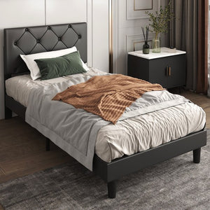 uhomepro Twin Bed Frame, Faux Leather Button Tufted Upholstered Platform Bed Frame with Adjustable Headboard, Mattress Foundation, No Box Spring Needed