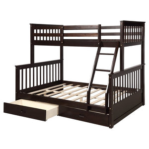 White Twin Over Full Bunk Bed, Twin Over Full Bunk Beds with 2 Storage Drawers, Solid Wood Bunk Beds with Ladder and Safety Rail, No Box Spring Required, Bunk Beds for Kids&Teen Room, W7113