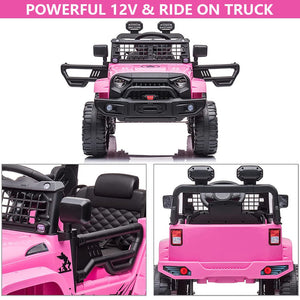 12V Ride on Toys, Kids Ride on Cars with Parent Remote, Battery-Powered Ride on Truck Car RC Toy, Pink Ride on Toys for Boys Girls, 3 Speeds, LED Lights, MP3 Music, J5333