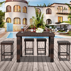 Dining Table and Chair Set of 5, Outdoor Patio Furniture Set, Wicker Bistro Patio Sets, Patio Dining Table Set with 4 Bar Stool, Conversation Set for Backyard Porch Poolside Garden Lawn Seating, W9532