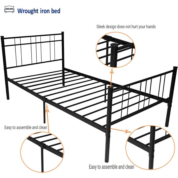 Twin Bed Frame No Box Spring Needed, Metal Platform Bed Frame with Headboard and Footboard, Bed Frame for Bedroom, Twin Size Bed Frames for Adult Kid, Antique Baking Paint Iron-Art Bed, Black, W15674