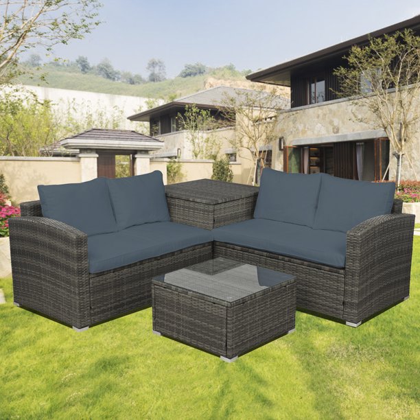 Rattan Wicker Sectional Sofa Set, UHOMEPRO Outdoor Patio Furniture Sets, Loveseat Sofa w/Coffee Table&Storage Ottoman, Patio Conversation Sets for Backyard Lawn Poolside Garden, Gray Cushion, W9918