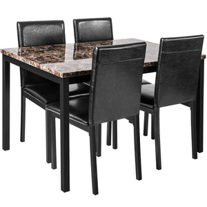 Metal Dining Table Set with 4 Chairs, Elegant Faux Marble Top Dining Table and 4 PU Leather Chairs, 5 Piece Kitchen Dining Set for Bar, Breakfast Nook, Small Space Dining Room Furniture, Black, W13289