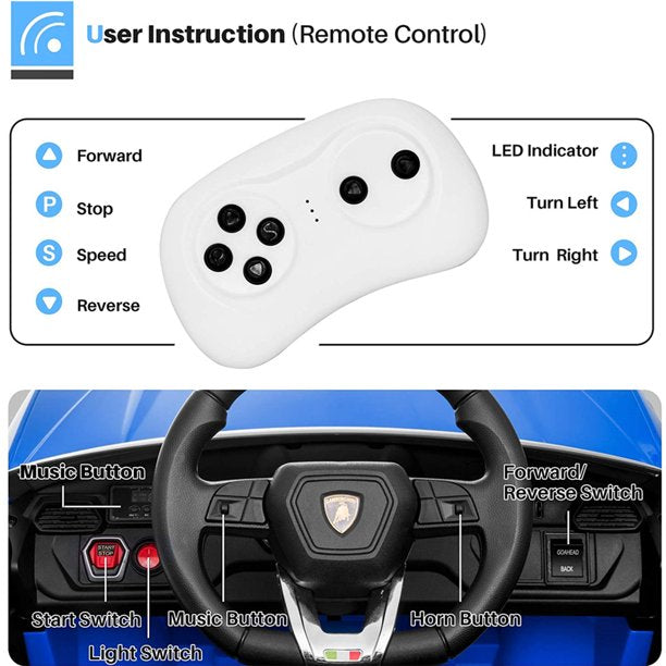 Ride on Toys for Kids, 12V Lamborghini Urus Powered Ride On Truck Cars with Remote Control, Horn, Radio, USB Port, AUX, Spring Suspension, Opening Door, LED Light - Blue, CL61