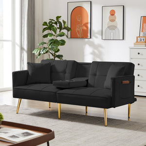 uhomepro Modern Sofa Bed, Mid Century Sectional Sofa with Metal Legs, 2 Cup Holders, Upholstery Velvet Futon Sofa Bed, Love Seat Living Room Bedroom Furniture for Small Space Office