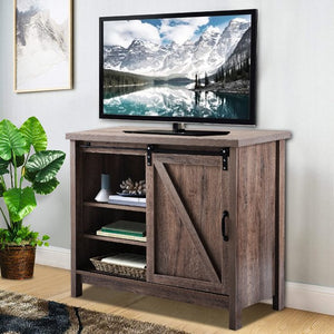 Modern Farmhouse TV Stand, Modern 35 Inch Television Stand with Sliding Barn Door, Wooden TV Cabinet Entertainment Center, tv stands for flat screens, Living Room Corner TV Stand, Oak Color, W8430