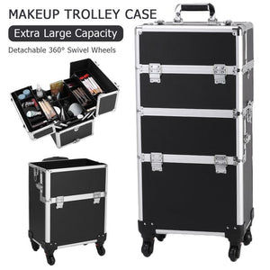 Portable Makeup Case, Cosmetic Train Case Lockable Beauty Trolley, 3 In 1 Aluminum Makeup Box Organizer with Wheels, Makeup Travel Case, Storage Makeup Brushes, Nail Polish, Lipstick, Black, W5282