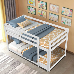 uhomepro Solid Wood Low Bunk Bed for Kids, Twin Over Twin Floor Bunk Bed with Safety Rail, Ladder, Q15