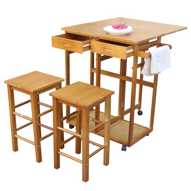 URHOMEPRO Kitchen Island with Stools, Folding Kitchen Island