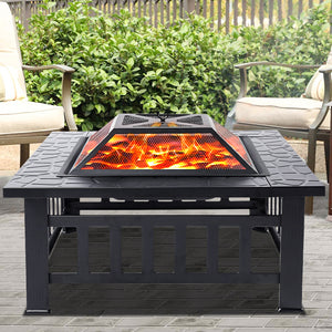 32" Square Iron Fire Pit Backyard Patio Garden Stove Wood Burning Fire Pit w/ Mesh Screen Lid, Wood Grate, Poker, Durable Fire Pit, Q34