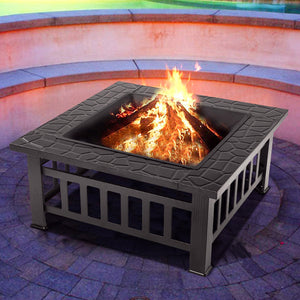 32" Square Iron Fire Pit Backyard Patio Garden Stove Wood Burning Fire Pit w/ Mesh Screen Lid, Wood Grate, Poker, Durable Fire Pit, Q34