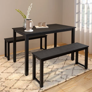 3 Piece Dining Table Set, Modern Style Wood Table Top Dining Table Set with Bench and Metal Frame, Breakfast Nook Dining Room Set, Dining Set for 4, Kitchen Living Dining Room Furniture, Black, W01