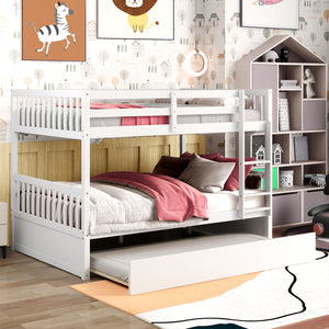 Kids Bunk Bed with Trundle, Full Over Full Bunk Beds with Ladder, Solid Wood Trundle Bed Frame with Safety Guardrails, Detachable Full Size Bunk Bed for Kids Adults, No Box Spring Needed, Espresso