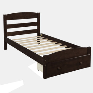 uhomepro Twin Bed Platform Bed Frame with Storage Drawer, Stable Pine Wood Bed Frame with Wood Slats Support, Modern Bed Frame with Headboard, Holds 275 lb, No Box Spring Needed, Espresso