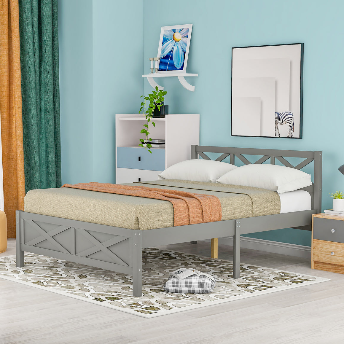 uhomepro Queen Size Platform Bed Frame with Headboard and Footboard, X-shaped Wood Platform Bed for Kids Adults, Queen Bed Frame Mattress Foundation w/ Wood Slats Support, No Box Spring Needed