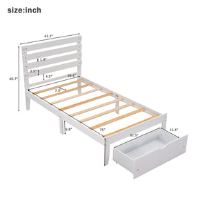 Queen Bed Frame for Kids Adults, Upgrade Pine Wood Bed Frame with Headboard and Storage, Modern Kids Bed Furniture for Bedroom with Storage Drawer, Holds 220 lb, No Box Spring Needed, White