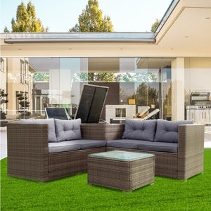4-Piece Rattan Patio Furniture Sets, Wicker Bistro Set with Ottoman, Glass Coffee Table, Outdoor Sectional Sofa Set, Dining Table Sets for Backyard