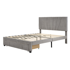 uhomepro Queen Bed Frame with Headboard, Big Drawer, Modern Velvet Upholstered Queen Platform Bed Frame for Adults, Storage Bed Mattress Foundation with Wood Slat Support, No Box Spring Needed