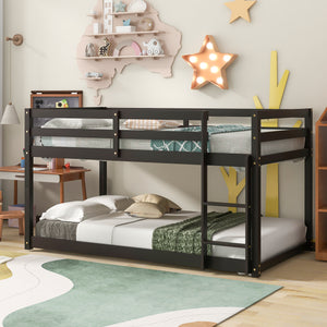 Solid Wood Low Bunk Bed for Kids, Twin Over Twin Floor Bunk Bed with Safety Rail, Ladder, Heavy Duty Bunk Beds Mattress Foundation for Boys Girls, Space-Saving Bedroom Dorm Furniture, Espresso