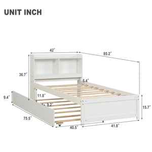 uhomepro Twin Bed Frame with Bookcase Headboard and Trundle, Upgrade Pine Wood Platform Bed Frame for Kids, Modern Kids Bed Furniture for Bedroom, No Box Spring Needed