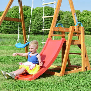uhomepro Wood Swing Set for Backyard with Slide, Swings and Climbing Rope, 3-in-1 Kids Playground Sets, Outdoor Toys for Girls Boys 3-10 Year Olds
