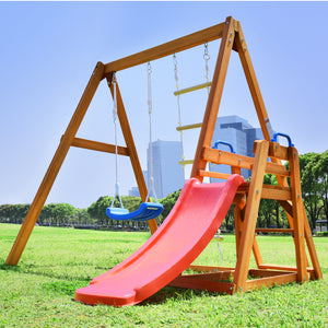 uhomepro Wood Swing Set for Backyard with Slide, Swings and Climbing Rope, 3-in-1 Kids Playground Sets, Outdoor Toys for Girls Boys 3-10 Year Olds