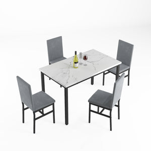5 Piece Dining Room Table Set, Modern Dining Table Sets with Gray Velvet Upholstered Chairs for 4, Wooden Kitchen Table Set with White Table Top for Home, Kitchen, Living Room, Restaurant, CL621
