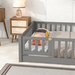 uhomepro Full Size Wood Floor Bed Frame with Fence and Door for Kids, Toddlers