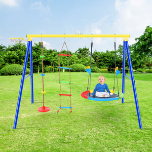 uhomepro Metal Swing Set for Backyard with Saucer Swing, Basketball Hoop, Climbing Rope and Stair, 4-in-1 Kids Playground Sets, Outdoor Toys for Girls Boys 3-12 Year Olds