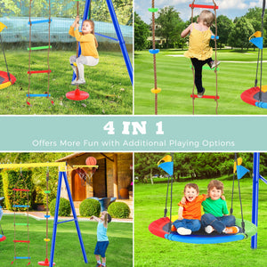 uhomepro Metal Swing Set for Backyard with Saucer Swing, Basketball Hoop, Climbing Rope and Stair, 4-in-1 Kids Playground Sets, Outdoor Toys for Girls Boys 3-12 Year Olds