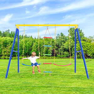 uhomepro Metal Swing Set for Backyard with 2 Belt Swings and Climbing Rope, 3-in-1 Kids Playground Sets, Outdoor Toys for Girls Boys 3-12 Year Olds