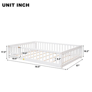 uhomepro Twin Floor Bed Frame for Toddlers, Platform Floor Bed with Fence and Door, Low Wood Platform Beds for Girls Boys Kids, Gray