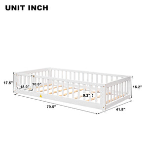 uhomepro Full Size Wood Floor Bed Frame with Fence and Door for Kids, Toddlers