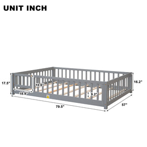 uhomepro Twin Floor Bed Frame for Toddlers, Platform Floor Bed with Fence and Door, Low Wood Platform Beds for Girls Boys Kids, Gray