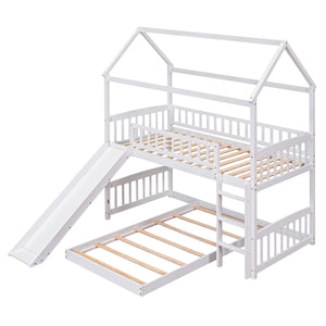 uhomepro Low House Bunk Bed for Kids Bedroom, Twin Over Twin Bunk Bed Frame with Slide, Ladder, Heavy Duty Wood Twin Bunk Beds Mattress Foundation for Boys Girls, No Box Spring Needed