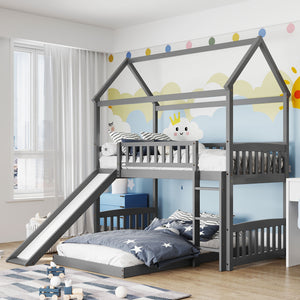 uhomepro Low House Bunk Bed for Kids Bedroom, Twin Over Twin Bunk Bed Frame with Slide, Ladder, Heavy Duty Wood Twin Bunk Beds Mattress Foundation for Boys Girls, No Box Spring Needed