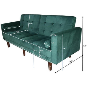 Green Sofa Bed, Mid Century Modern Velvet Upholstered Tufted Futon Sofa Bed, Convertible Folding Sleeper Sofa with Armrest and 2 Pillows, Loveseat Sofa Couch for Living Room, Bedroom, Office, W14686
