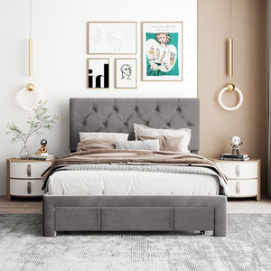 uhomepro Panel Bed Frame with Drawers, Velvet Button Tufted Upholstered Platform Bed Frame