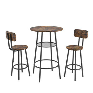 uhomepro 3-Piece Dining Room Bar Table Set for 2, Double Layer Round Bar Table and Chairs Set Industrial Counter Height Pub Table with 2 Stools and Metal Frame