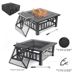 32" Outdoor Fire Pit, Square Metal Fire Pit with Mesh Screen Lid, Poker, Heavy Backyard Patio Garden Stove Fire Pit/Ice Pit, Portable Wood Burning BBQ Fire Pit, Black Faux-Stone Finish, W6461